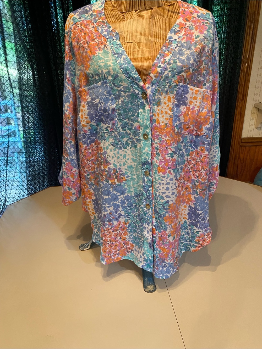 Ruby Rd. Pastel Floral Button-Up Blouse in Blue, Pink & Orange